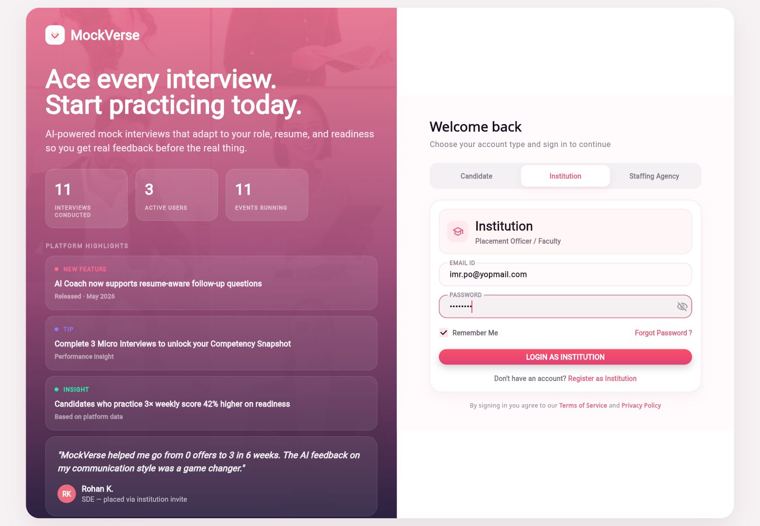 Filled Placement Officer login form
