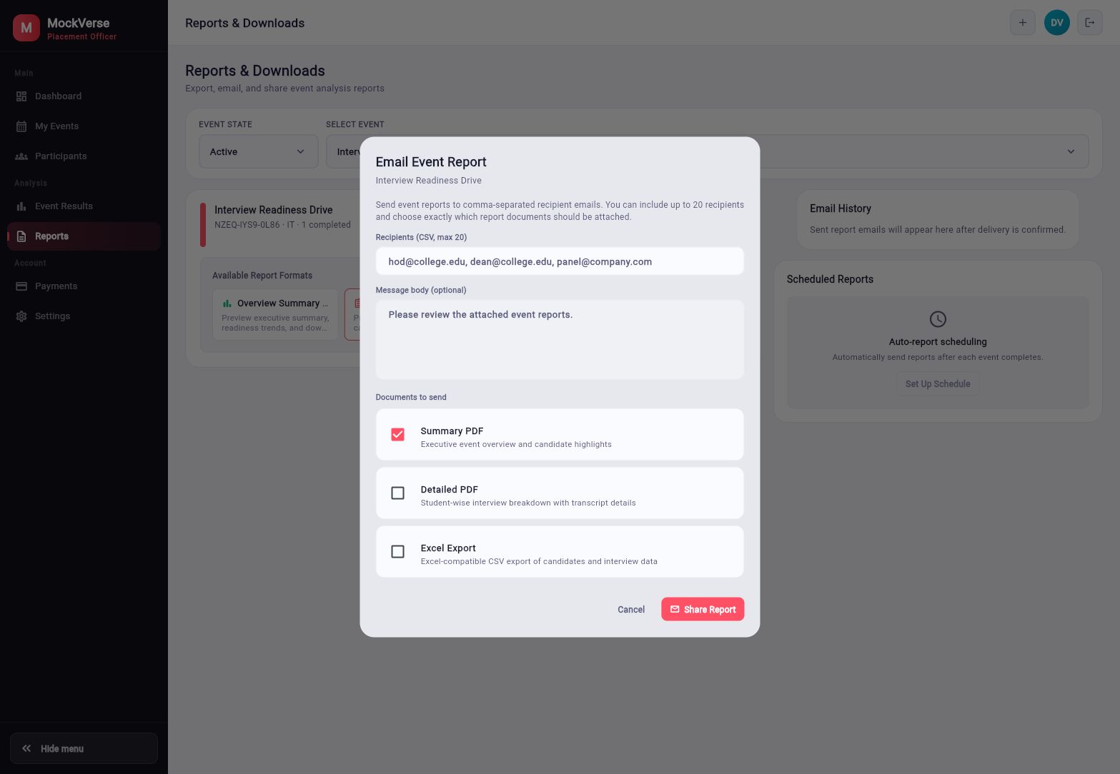Email Event Report dialog