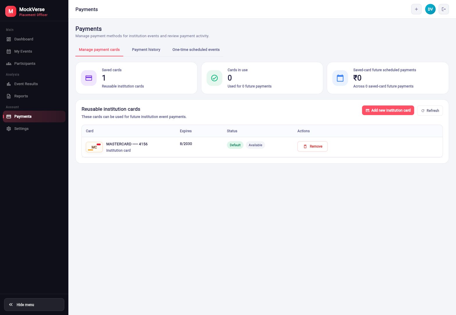 Payments manage cards tab
