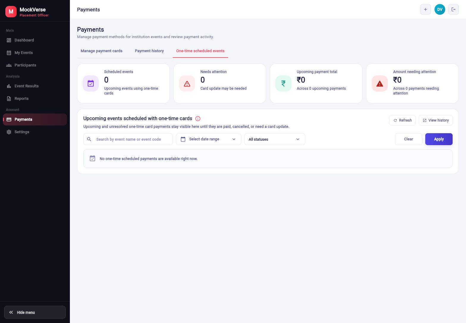 One-time scheduled events payment tab