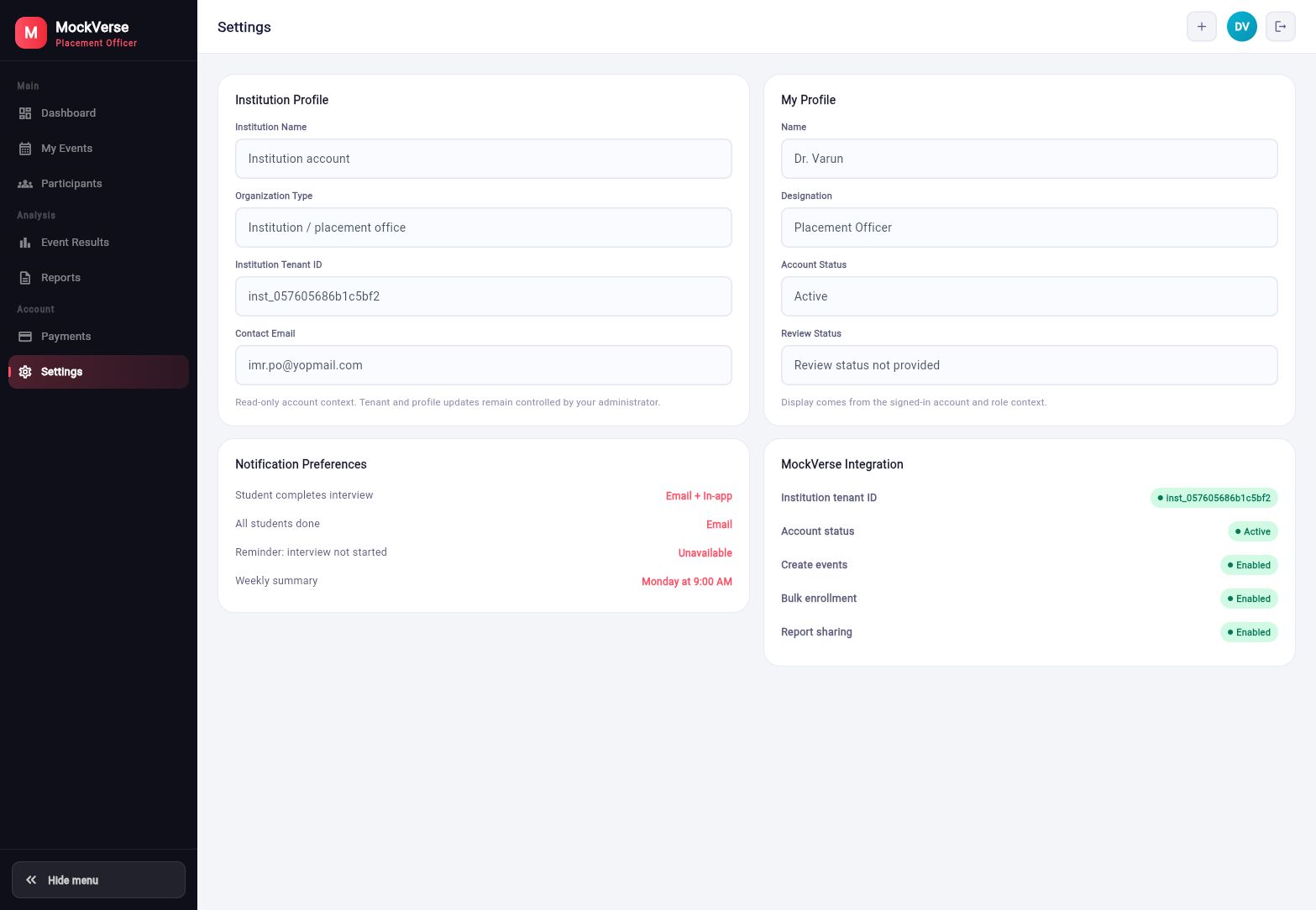 Settings page
