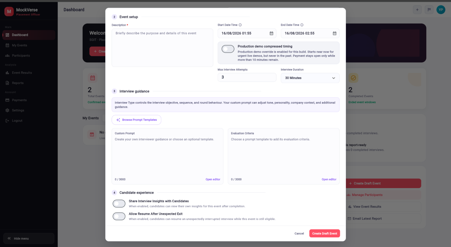 Create Draft Event Interview guidance with Browse Prompt Templates, Custom Prompt, and Evaluation Criteria