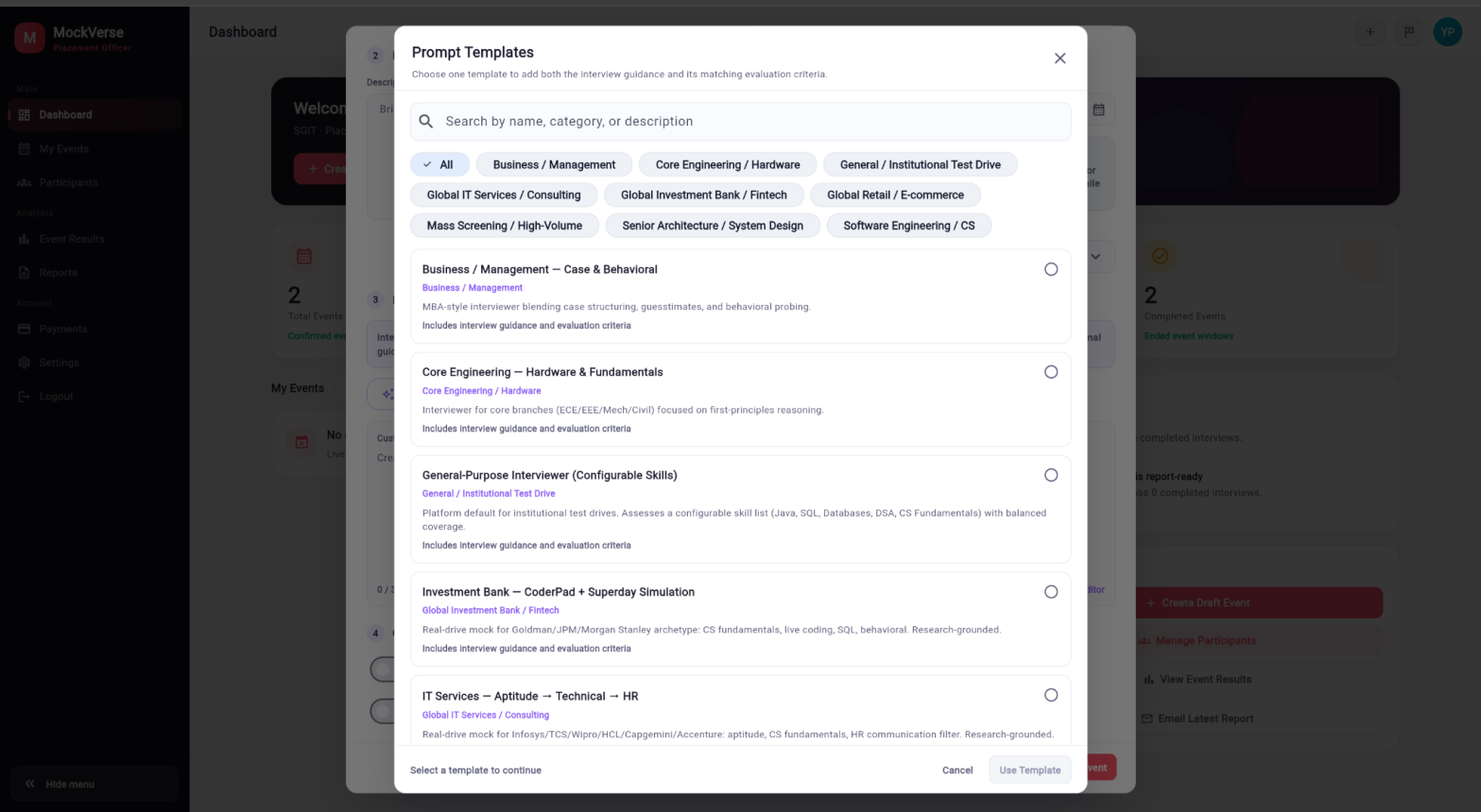 Prompt Templates browser with search, category filters, template cards, Cancel, and Use Template